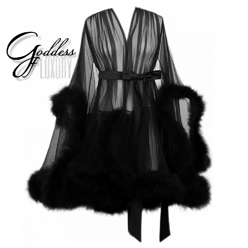 ""Night In"" (15+ Colors) Sheer Mini Fluffy Feather Robe