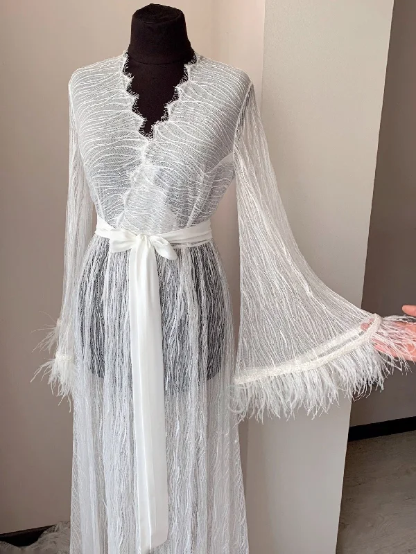 Lace robe feather with train Ivory Handmade