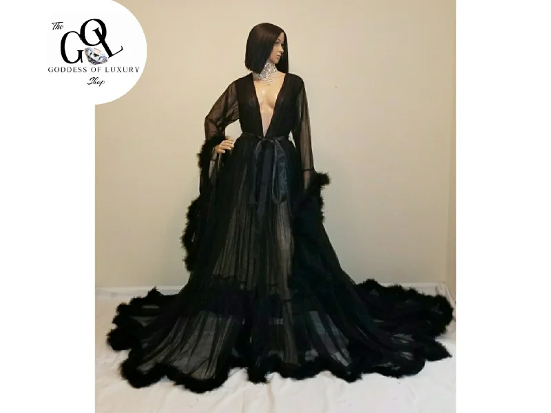 “Dream Come True"" Long Sheer Tulle Marabou Feather Grand Luxury Robe (Ready to Ship)