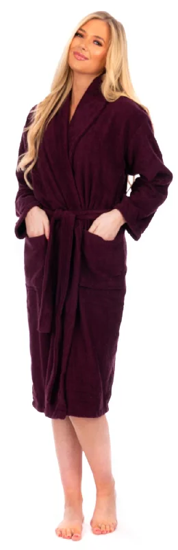 Ladies Aubergine Cotton Towelling Shawl Collar Bathrobe