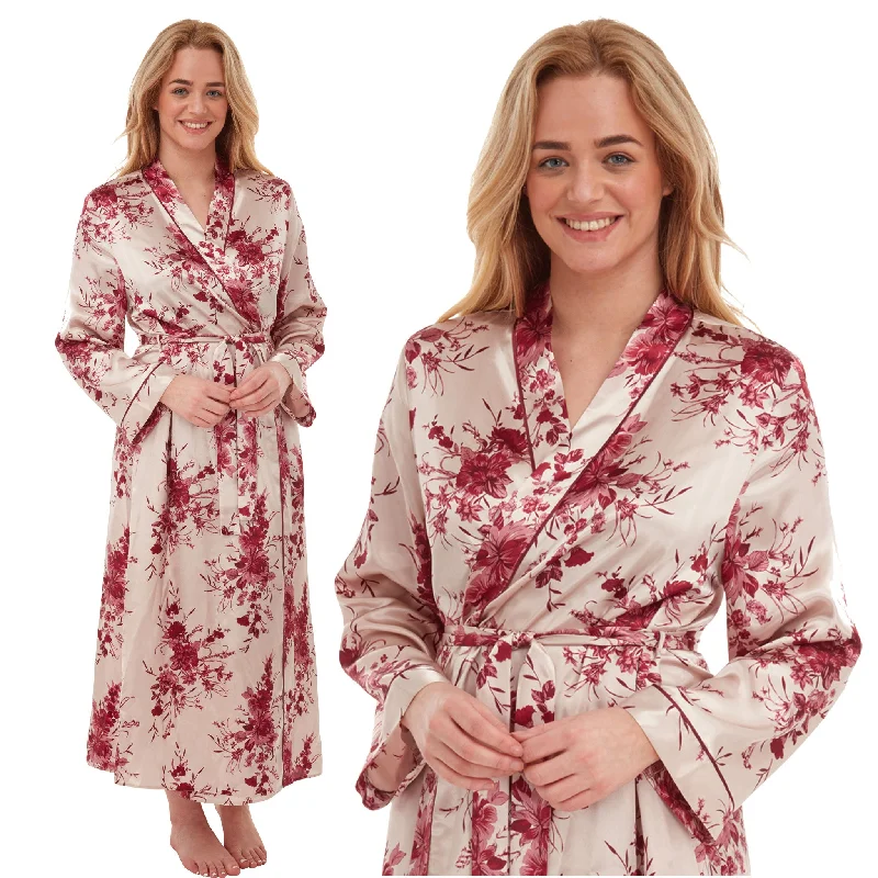 Long Full Length Sexy Satin Wrap Bathrobe Burgundy Red Gold Floral