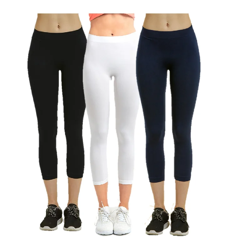 PACK OF 3 MOPAS Soft Stretch Nylon Blend Unlined Capri Length Leggings with Ribbed Elastic Waistband - Black, White, Navy (EX004_3PK6)